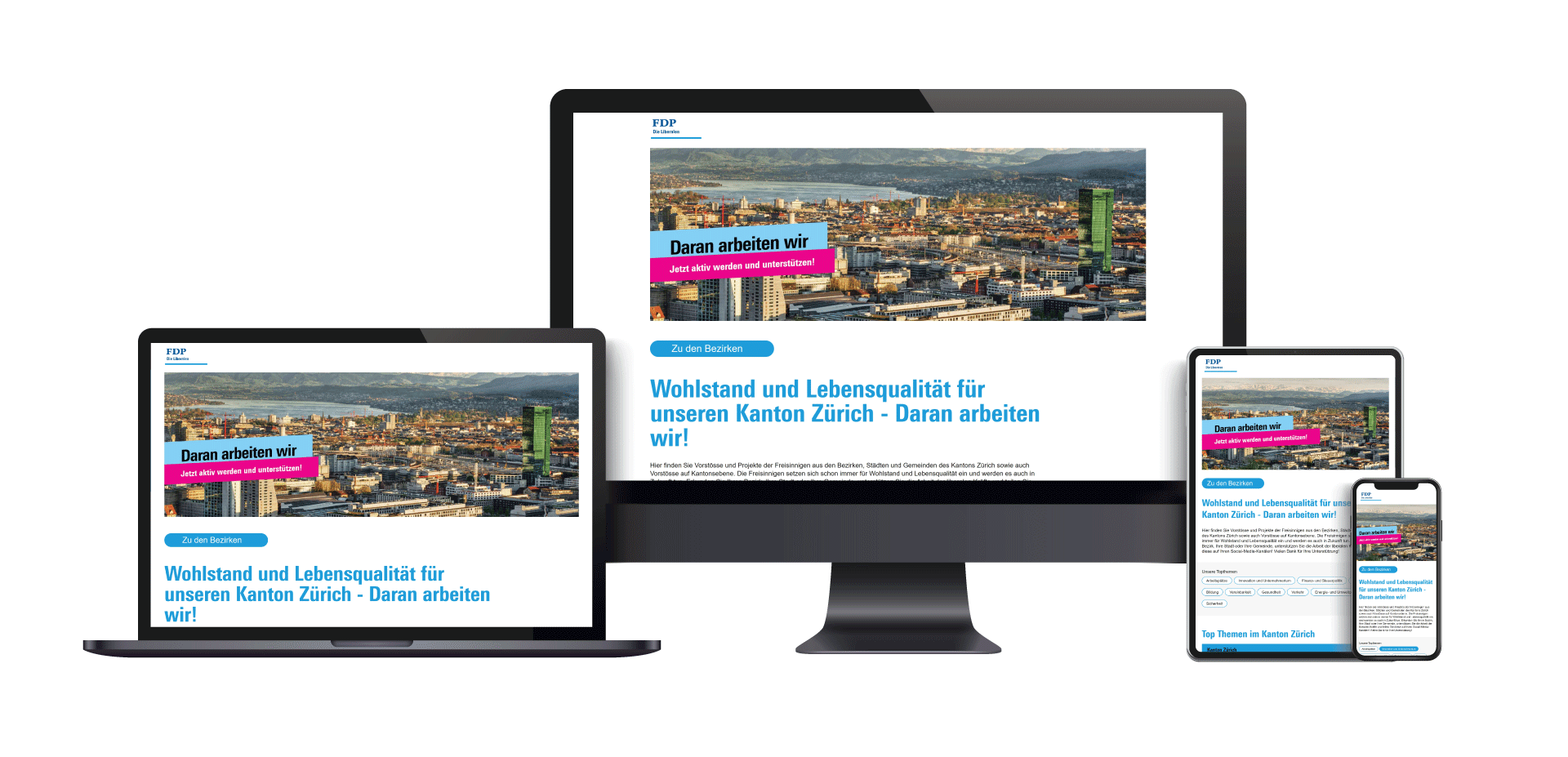 Screendesign der FDP-Zuerich-Website auf allen Geräten