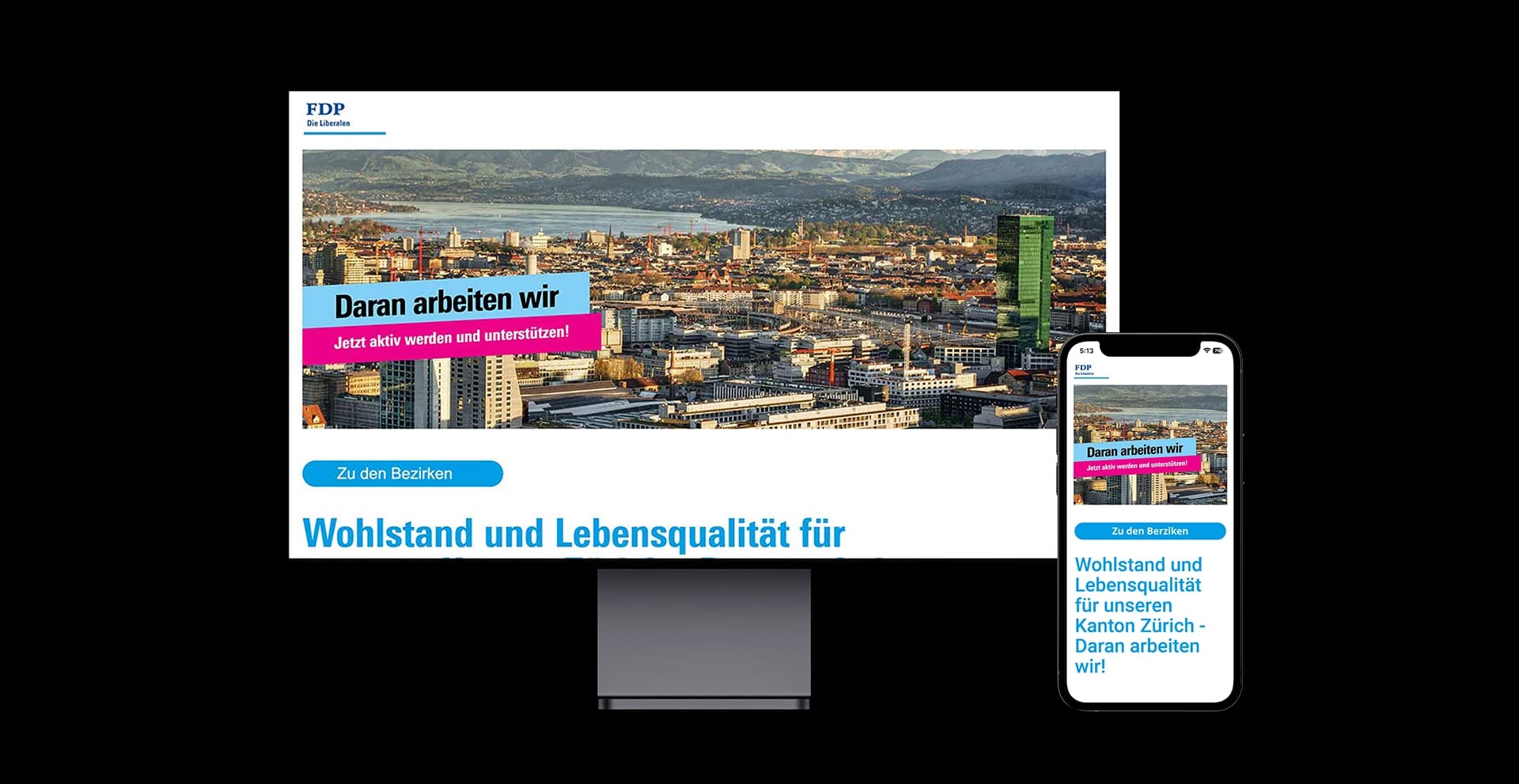 Website-Design der FDP mit Desktop- und Mobilansicht, zeigt eine Kampagne für Wohlstand und Lebensqualität im Kanton Zürich.