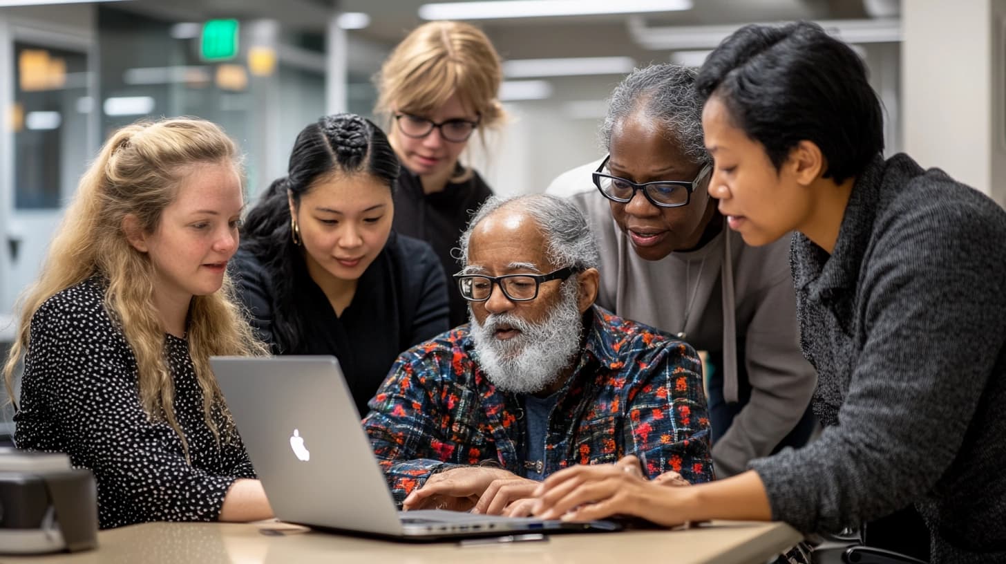 Eine diverse Gruppe von sechs Personen, darunter ein älterer Mann mit grauem Bart, arbeitet gemeinsam an einem Laptop.