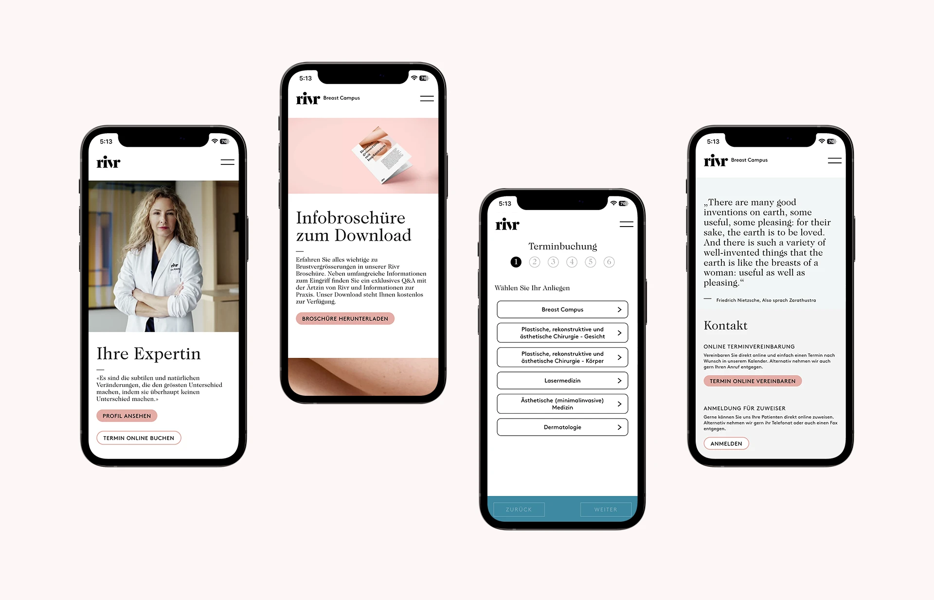 Mobile Ansicht der rivr-Website mit Expertinnenprofil, Infobroschüre, Terminbuchung und Kontaktseite auf vier Smartphones.