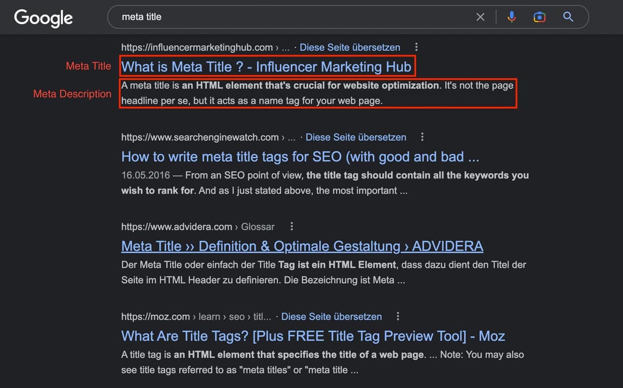 Bild der Google-Suchseite mit markierten Meta Title und Meta Description