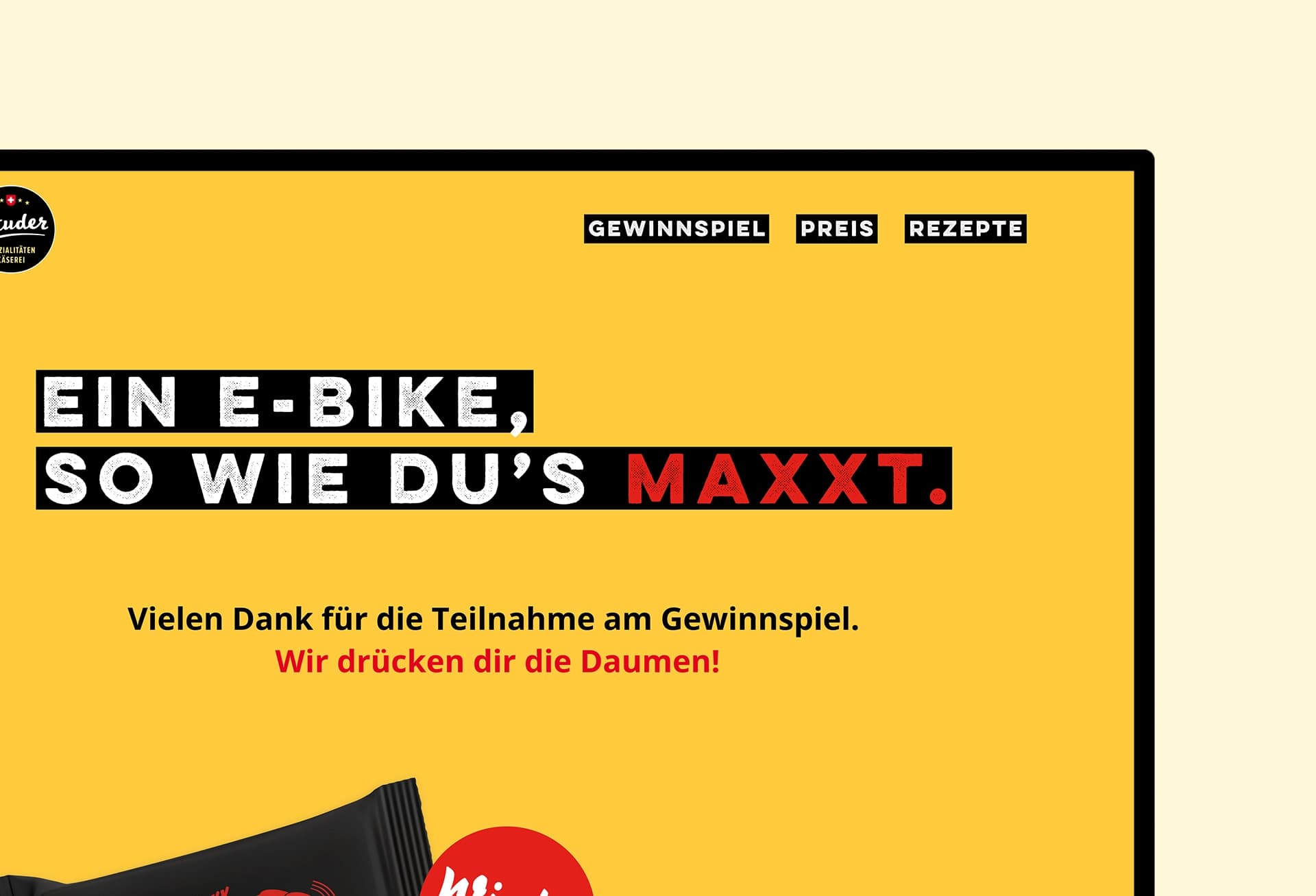 Die Tablet-Ansicht der Landingpage zeigt den Gewinnspielabschluss mit der Nachricht „Vielen Dank für die Teilnahme am Gewinnspiel. Wir drücken dir die Daumen!“ Das Produkt „Scharfer Maxx“ und ein E-Bike sind prominent dargestellt.