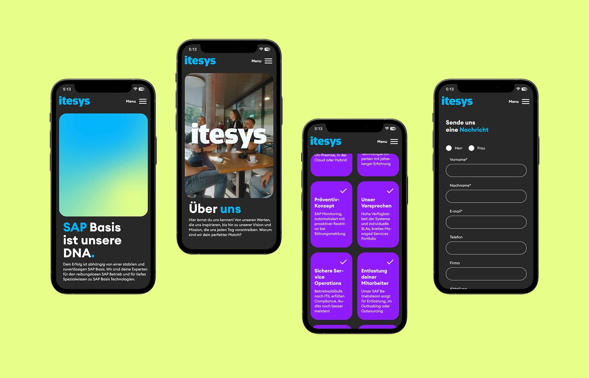 Mockup der itesys Mobile Website mit verschiedenen Seitenansichten, darunter Über uns, SAP-Services, Kontaktformular und Leistungsversprechen.