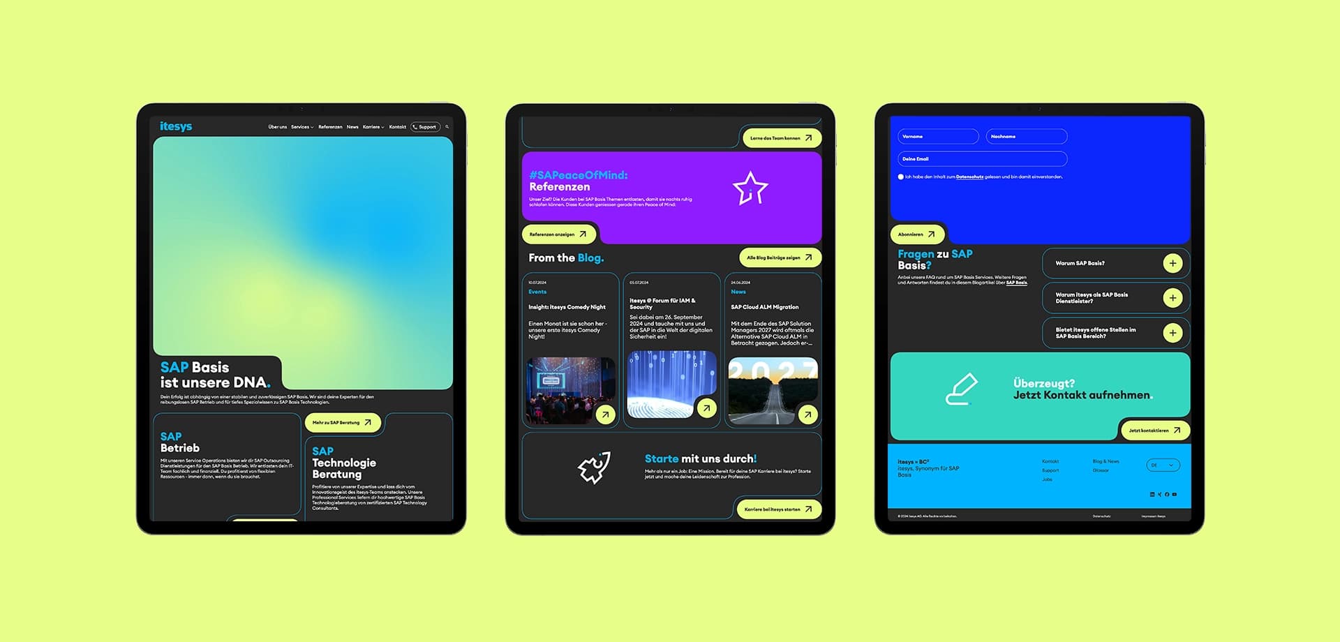Mockup der itesys Website auf Tablets mit verschiedenen Seitenansichten, darunter Startseite, Blog, Referenzen und Kontaktformular für SAP-Services.